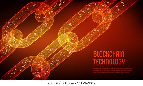 Block chain. Crypto currency. Blockchain concept. 3D wireframe chain with digital code. Editable cryptocurrency template. Stock vector illustration.