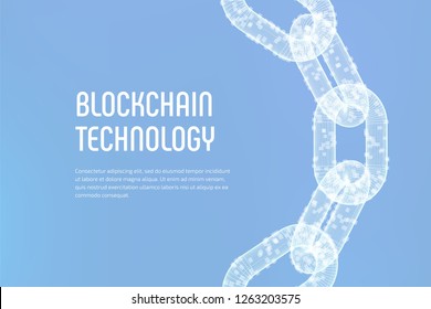 Block chain. Crypto currency. Blockchain concept. 3D wireframe chain with digital blocks. Editable cryptocurrency template. Stock vector illustration.