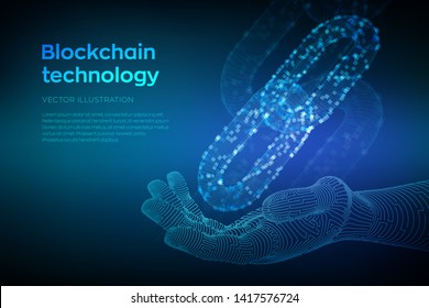 Block chain. Crypto currency. Blockchain concept. 3D wireframe chain with digital blocks in robotic hand. Editable cryptocurrency template. Stock vector illustration.