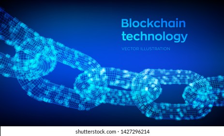 Block chain. Crypto currency. Blockchain concept. 3D wireframe chain with digital blocks. Editable cryptocurrency template. Stock vector illustration.