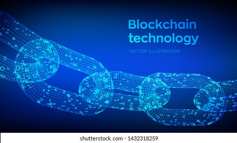 Block chain. Crypto currency. Blockchain concept. 3D wireframe chain with digital code. Editable cryptocurrency template. Stock vector illustration.