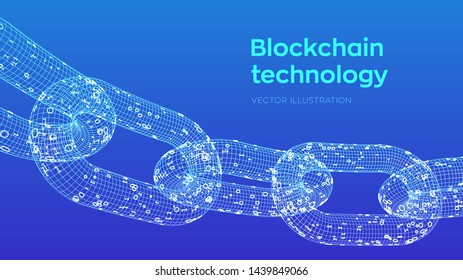 Block chain. Crypto currency. Blockchain concept. 3D wireframe chain with digital code. Editable cryptocurrency template. Stock vector illustration.