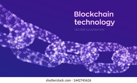 Block chain. Crypto currency. Blockchain concept. 3D wireframe chain with digital blocks. Editable cryptocurrency template. Stock vector illustration.