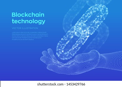 Block chain. Crypto currency. Blockchain concept. 3D wireframe chain with digital blocks in robotic hand. Editable cryptocurrency template. Stock vector illustration.