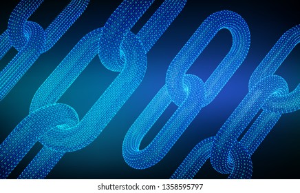 Block chain. Crypto currency. Hyperlink chain. Blockchain concept. 3D wireframe chain with digital code. Chain link with binary code. Editable cryptocurrency template. Stock vector illustration.