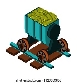 Block chain crypto currency mining. Minecart on rails with coins. Concept of money transactions and finance resource exchange. Symbol of success or hash. Full color isometric 3D art