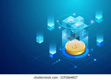 Tecnología de seguridad financiera de la cadena de bloques que conecta el servicio de banca digital con dinero con transacciones seguras. Intercambio y transferencia en línea de datos financieros de seguridad en un contexto futurista.