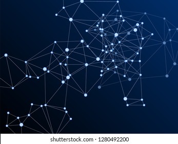 Block chain global network technology concept. Network nodes plexus dark blue background. Global data exchange blockchain vector. Virtual reality polygin design. Fractal hub nodes connected by lines.