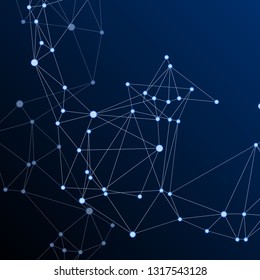 Block chain global network technology concept. Network nodes plexus dark blue background. Fractal hub nodes connected by lines. Molecule, atoms or neurons. Global data exchange blockchain vector.