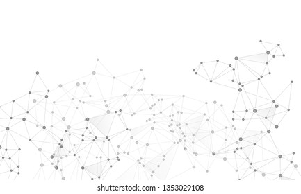 Block chain global network technology concept. Network nodes greyscale plexus background. Wireframe minimal design. Linked dot nodes and lines low poly. Global data exchange blockchain vector.
