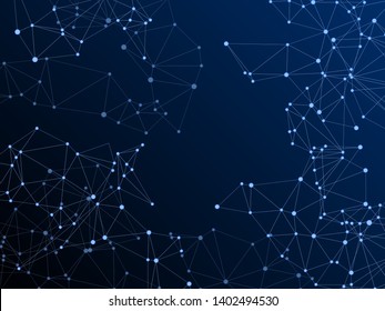 Block chain global network technology concept. Network nodes plexus dark blue background. Future perspective backdrop. Fractal hub nodes connected by lines. Global data exchange blockchain vector.