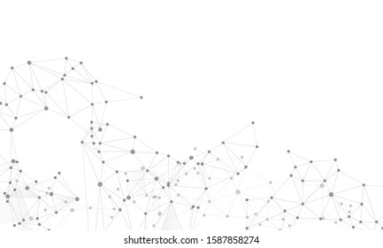 Block chain global network technology concept. Network nodes greyscale plexus background. Linked dot nodes and lines low poly. Bionic ai innovations graphics. Global data exchange blockchain vector.