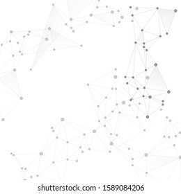 Block chain global network technology concept. Network nodes greyscale plexus background. Net grid of node points, lines matrix. Information technology design. Global data exchange blockchain vector.