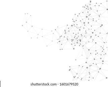 Block chain global network technology concept. Network nodes greyscale plexus background. Global data exchange blockchain vector. Linked dot nodes and lines low poly. Future perspective backdrop.