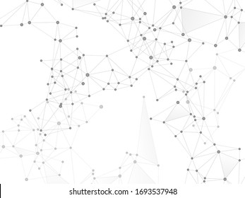 Block chain global network technology concept. Network nodes greyscale plexus background. Global data exchange blockchain vector. Chemical formula abstraction. Dots nodes points lines particles.