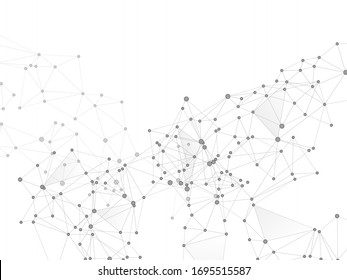 Block chain global network technology concept. Network nodes greyscale plexus background. Genetic engineering abstract. Global data exchange blockchain vector. Net grid of node points, lines matrix.