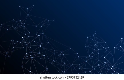 Block chain global network technology concept. Network nodes plexus dark blue background. Global data exchange blockchain vector. Interlinkes nodes cells random grid. Information analytics graphics.