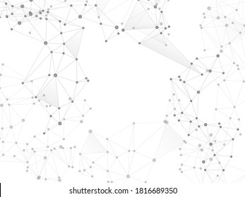 Block chain global network technology concept. Network nodes greyscale plexus background. Linked dot nodes and lines low poly. Nanotechnology backdrop. Global data exchange blockchain vector.