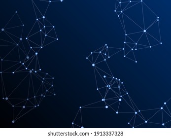 Block chain global network technology concept. Network nodes plexus dark blue background. Global data exchange blockchain vector. Genetic engineering abstract. Interlinkes nodes cells random grid.
