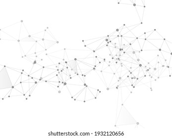 Block chain global network technology concept. Network nodes greyscale plexus background. Bionic ai innovations graphics. Global data exchange blockchain vector. Interlinkes nodes cells random grid.