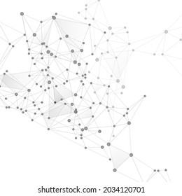 Block chain global network technology concept. Network nodes greyscale plexus background. Net grid of node points, lines matrix. DNA helix strand, molecule. Global data exchange blockchain vector.