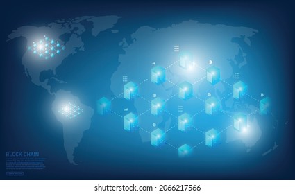 Block chain global network technology concept and computer connection and digital blocks connection and system security technology, in global computer network Internet technology,Black background
