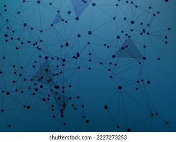 Block chain global network technology concept. Network nodes plexus dark blue background. Genetic engineering abstract. Linked dot nodes and lines low poly. Global data exchange blockchain vector.