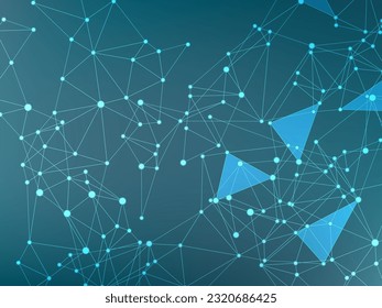 Block chain global network technology concept. Network nodes plexus dark blue background. Genetic engineering abstract. Linked dot nodes and lines low poly. Global data exchange blockchain vector.