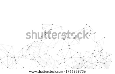 Block chain global network technology concept. Network nodes greyscale plexus background. Global data exchange blockchain vector. Wireframe minimal design. Net grid of node points, lines matrix.