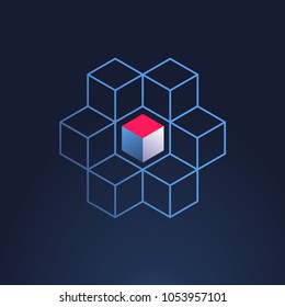 Block chain icon or logo - 3d isometric cryptocurrency blockchain concept vector illustration