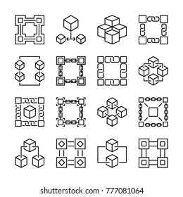 Block chain icons. Collection of 16 vector blockchain concept signs in thin line style