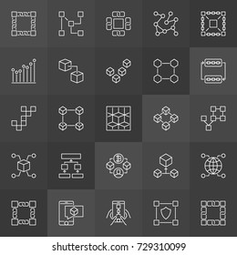 Block Chain Icons Collection - Vector Blockchain Technology Concept Linear Signs On Dark Background