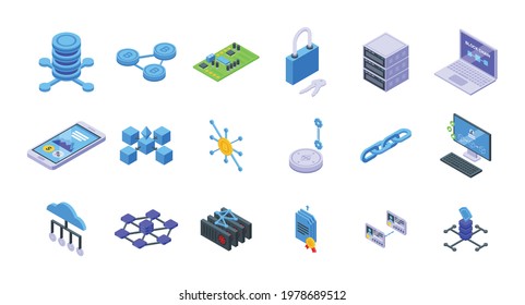 Block chain icons set. Isometric set of block chain vector icons for web design isolated on white background