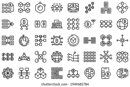 Conjunto de iconos de cadena de bloques. Conjunto de esquemas de iconos vectoriales de cadena de bloques para diseño web aislados en fondo blanco