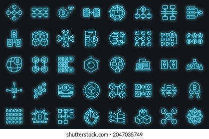 Block chain icons set. Outline set of block chain vector icons neon color on black