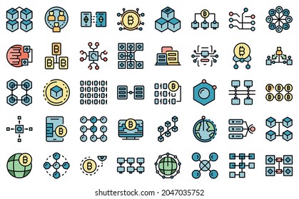 Conjunto de iconos de cadena de bloques. Conjunto de esquemas de iconos vectoriales de cadena de bloques color de línea delgado plano aislado en blanco