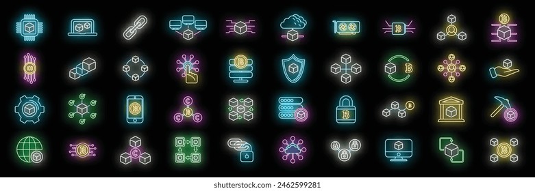 Los iconos de cadena de bloques establecen el Vector de contorno. Datos criptográficos. Web de Enlace color neón en negro