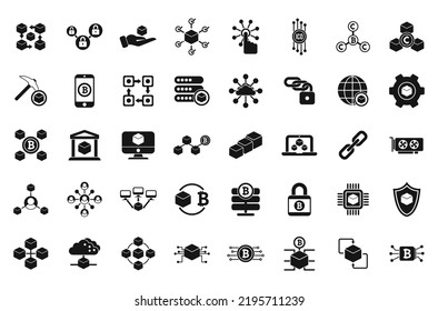 Los iconos de la cadena de bloques establecen un vector simple. Datos de criptografía. Enlazar web