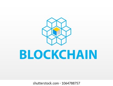 Block chain logo or icon - 3d isometric cubes network connection vector illustration