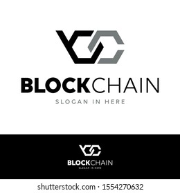 Block Chain logo template. BC initial letter, monogram, negative space style.  