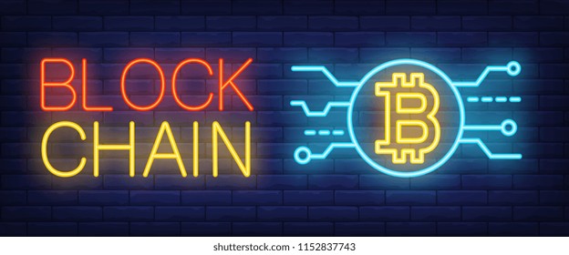 Block chain neon text with bitcoin and circuit sign. Technology and finance concept. Advertisement design. Night bright neon sign, colorful billboard, light banner. Vector illustration in neon style.
