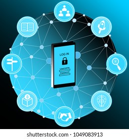 Block chain Security concept. Smartphone with security protection and icons for web. Internet security.  