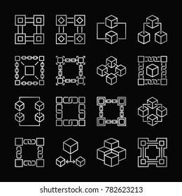 Block chain silver icons. Vector set of blockchain concept linear signs on black background