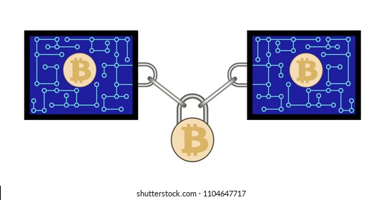 block chain technology of bitcoin with secure lock on white background , chain with lock between blocks , crypto currency block chain design concept