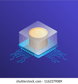 Block chain technology concept illustration. Bitcoin mining. Flat design. Isometric illustration.