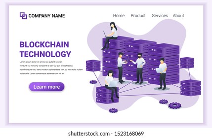 Block chain technology concept with people working on laptop and server. Mining Industry Cryptocurrency. Can used for Web banner, landing page, web template. Modern flat vector illustration