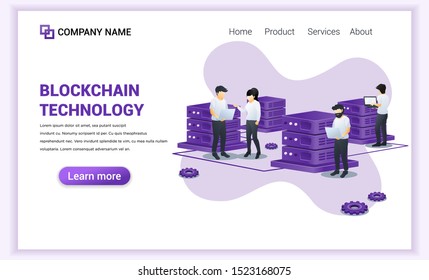 Block chain technology concept with people working on laptop and server. Mining Cryptocurrency. Can used for Web banner, landing page, web template. Modern flat vector illustration