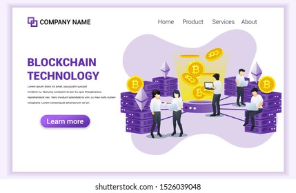Block chain technology concept with people working on laptop. Mining Industry Cryptocurrency. Can used for Web banner, landing page, web template. Modern flat vector illustration