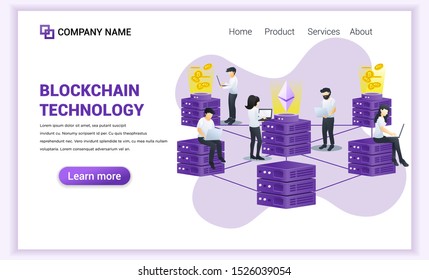 Block chain technology concept with people working on laptop. Mining Industry Cryptocurrency. Can used for Web banner, landing page, web template. Modern flat vector illustration