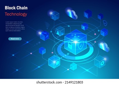 Block chain technology connecting digital cube to big data and cloud computing visualization, online exchange  and transfer security business information in futuristic background.